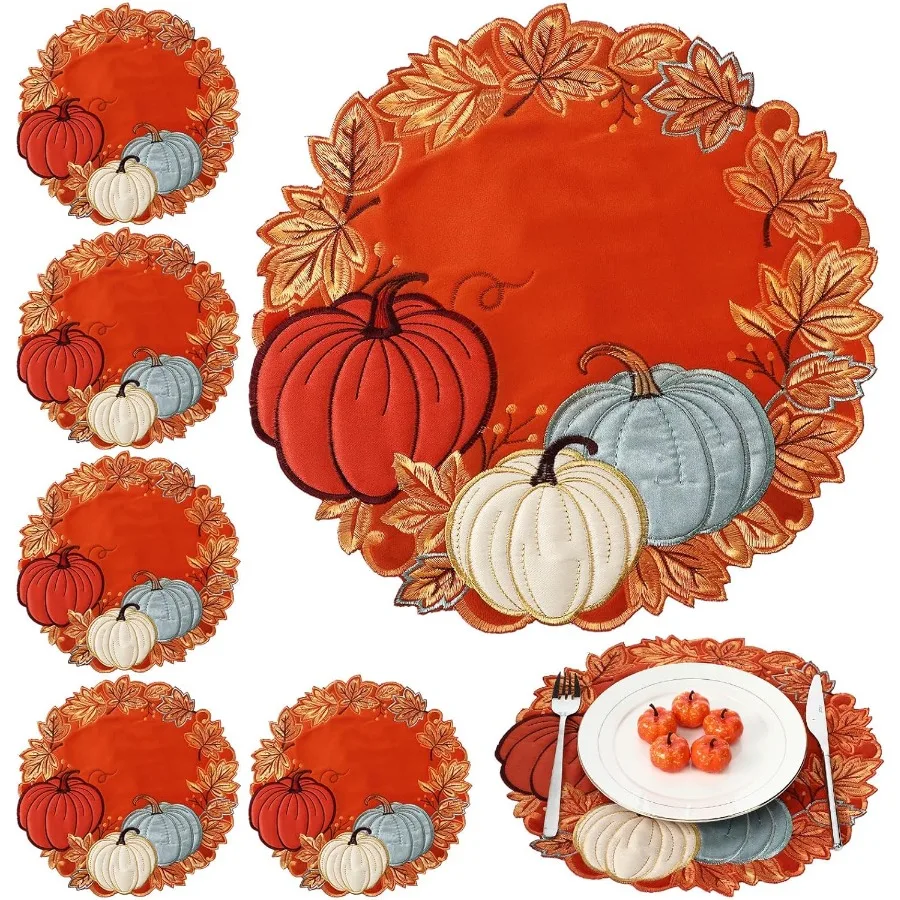 

6 шт. бархатные салфетки с вышивкой тыквы на День Благодарения, 14-дюймовые осенние настольные коврики для урожая, комплект осенних двухслойных рождественских салфеток