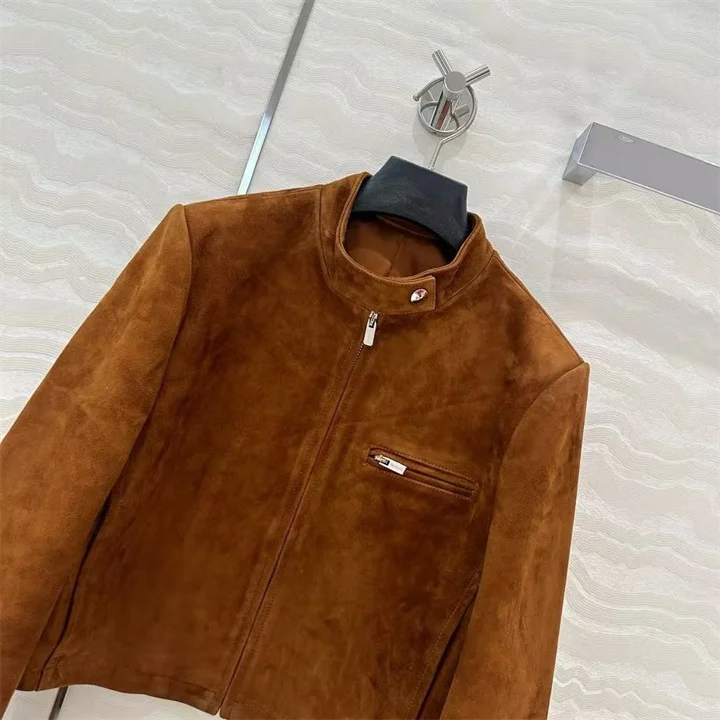 

2025 NEW Vintage brown custom-made suede leather face girl-style petite V-neck jacket and coat for women