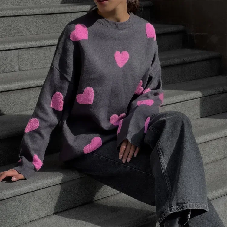 Sweet Love Heart Embroidery Printed Knitted Sweater Women O Neck Long Sleeves Pullover Autumn Elegant Lady Warm Street Jumpers