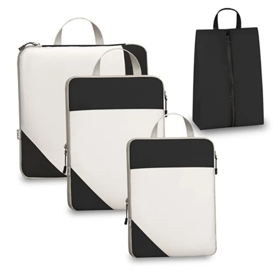 

Compression Packing Cubes for Travel Set of 4 Expandable Luggage Organizers with White Mesh Lightweight Polyester Ox Suitcase E