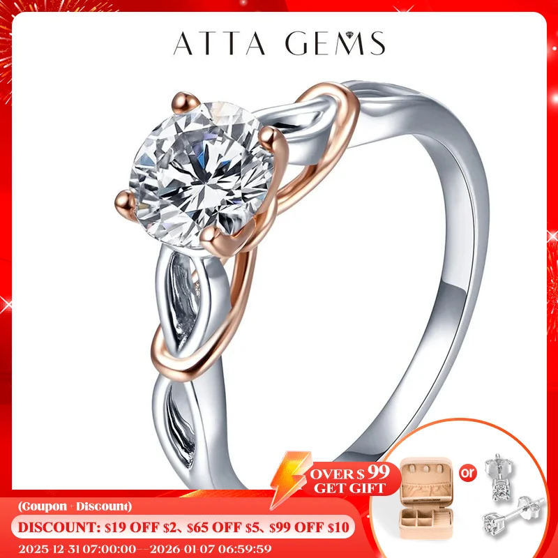 

ATTAGEMS 925 Silver 18K Rose Gold Plated Moissanite Diamond Gemstone Rings for Women D color Solitaire Promise Engagement Gift