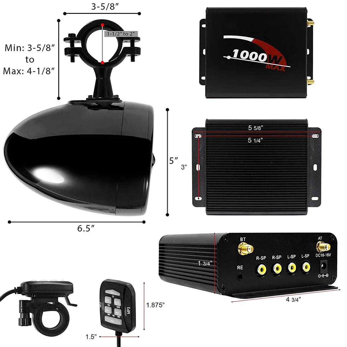 1000W 4CH Multimedia Amplifier Motorcycle Audio System Bluetooth Boat Stereo with 5 Inches Strong Speakers, FM Radio, AUX, USB