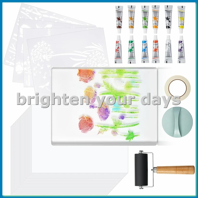 8 X 10 Inch Gel Printing Plate Kit, Complete Monoprinting Set with Brayer, Acrylic Paint,Paper and Tools for Card Making-A46I