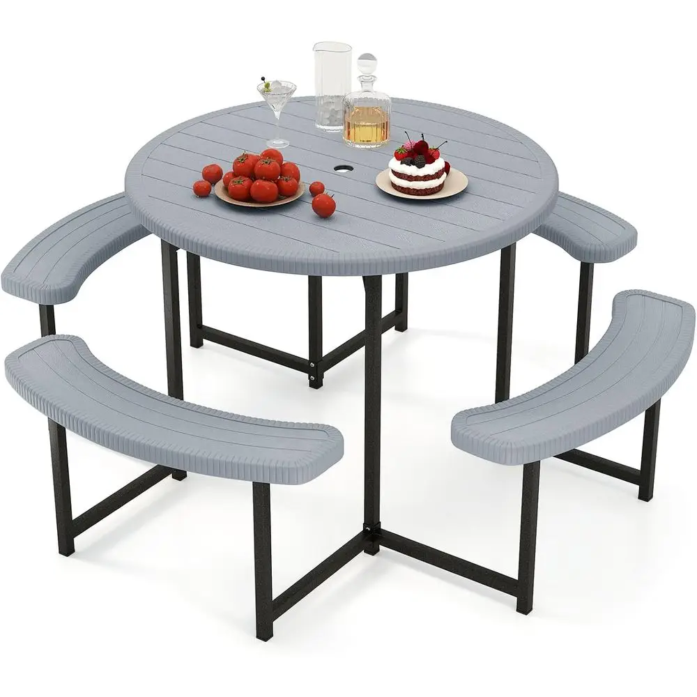 

Gray 4-8 Person Round Outdoor Dining Table with Umbrella Hole, HDPE Top, Metal Frame, Patio Furniture Set for Backyard Lawn, 140