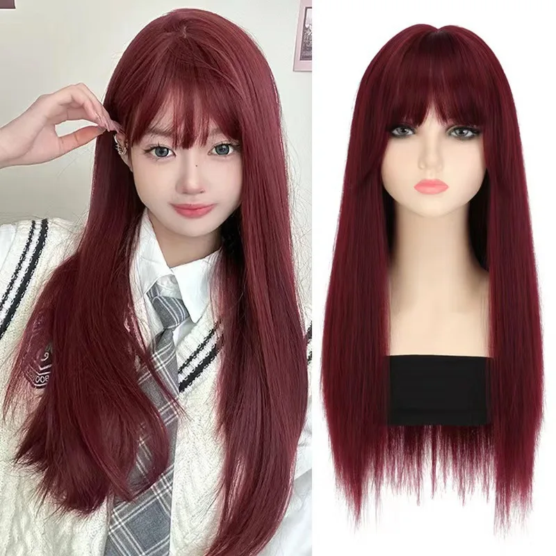 

Red wine color synthetic wig with straight long hair for Halloween cosplay role-play party, high-temperature hair extension set