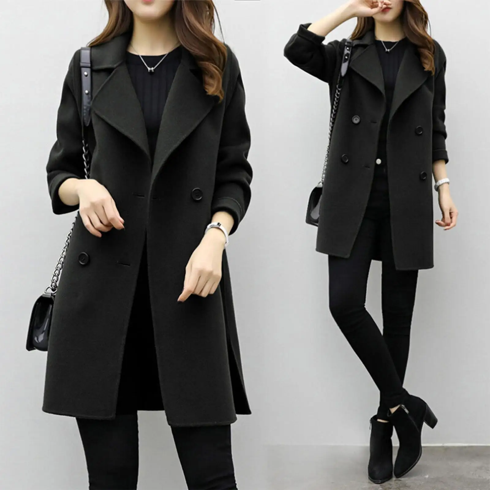 

Women's Medium Length Woolen Coat Double Long Sved Collar Polyester Fiber Long Sve Spring Season Regular Fit