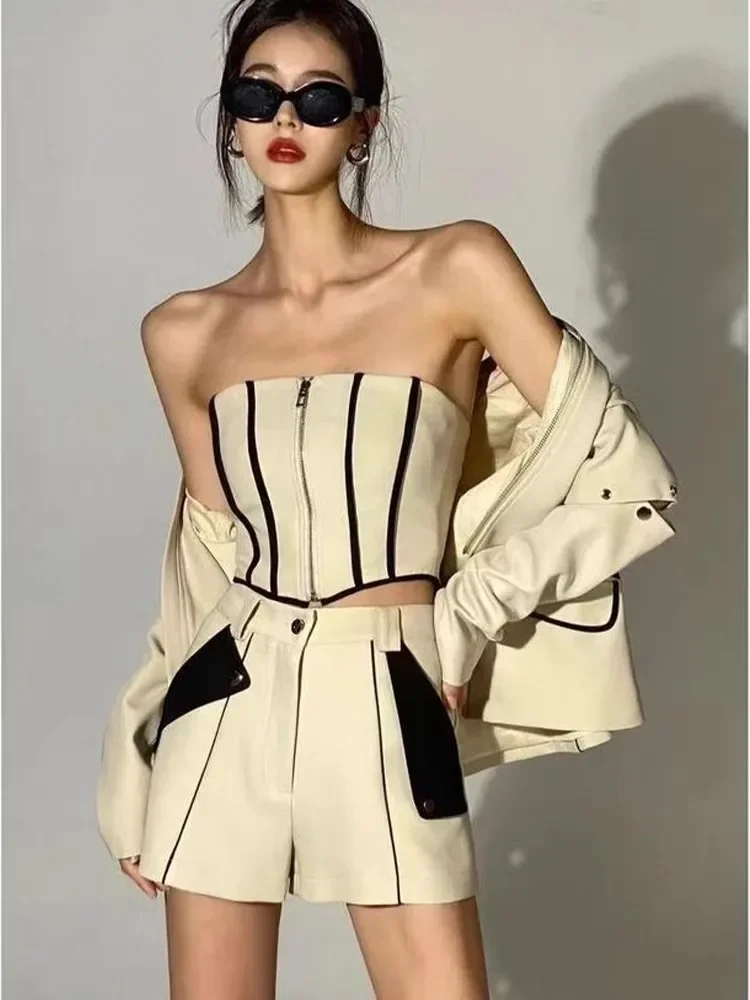 Hot Girls Y2k Beige Suit Fall/Winter New Fashion Motorcycle Jacket Strapless Tops Wide Leg Shorts Slim Retro 3-Piece Sets Women — zdjęcie 4