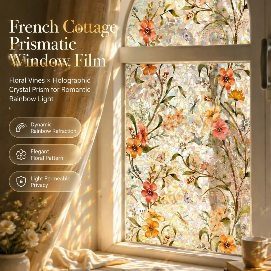 French Cottage Prismatic Window Film Floral Vines Holographic Prism Rainbow Refraction Light Filtering Privacy Home Decor