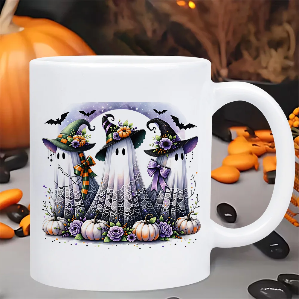 1pc 1pcs Suitable for Halloween Gift Ceramic Mug with Witch Hat Figures, Pumpkin Bat & Floral Watercolor Design - Rim, Spooky Tea/ Cup for,, Sisters - for, Office, or Use