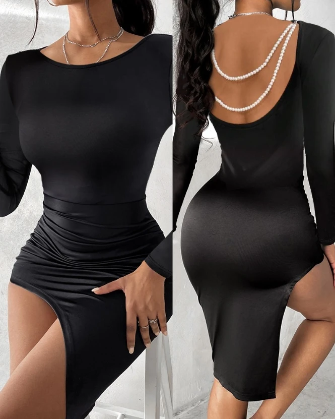 

Spring and Summer Women's Long Sleeve Dress Party Night Plain Pearls Strap Backless Asymmetrical Slit Bodycon Midi Dress