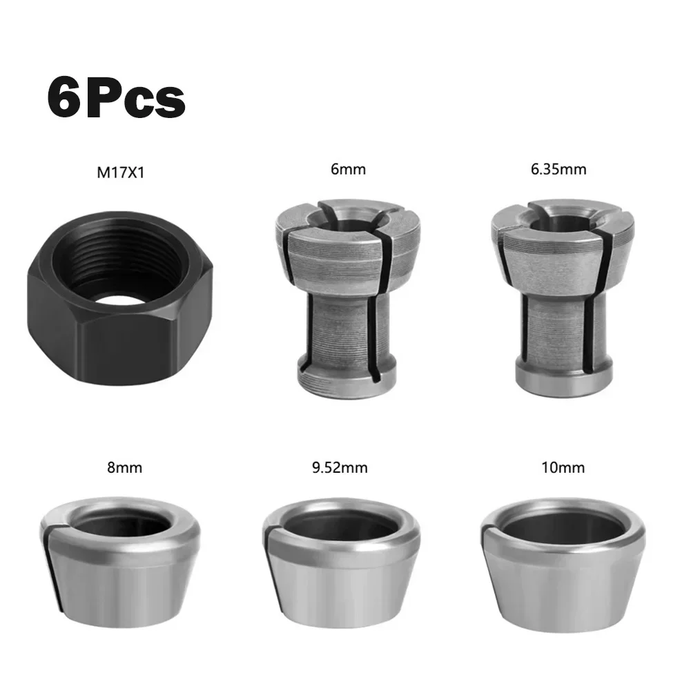 

6Pcs M17 Collet Chuck Adapter With Nut Engraving Trimming Machine Electric Router Bit Collets 10mm 9.5mm 8mm 6.35mm 6mm