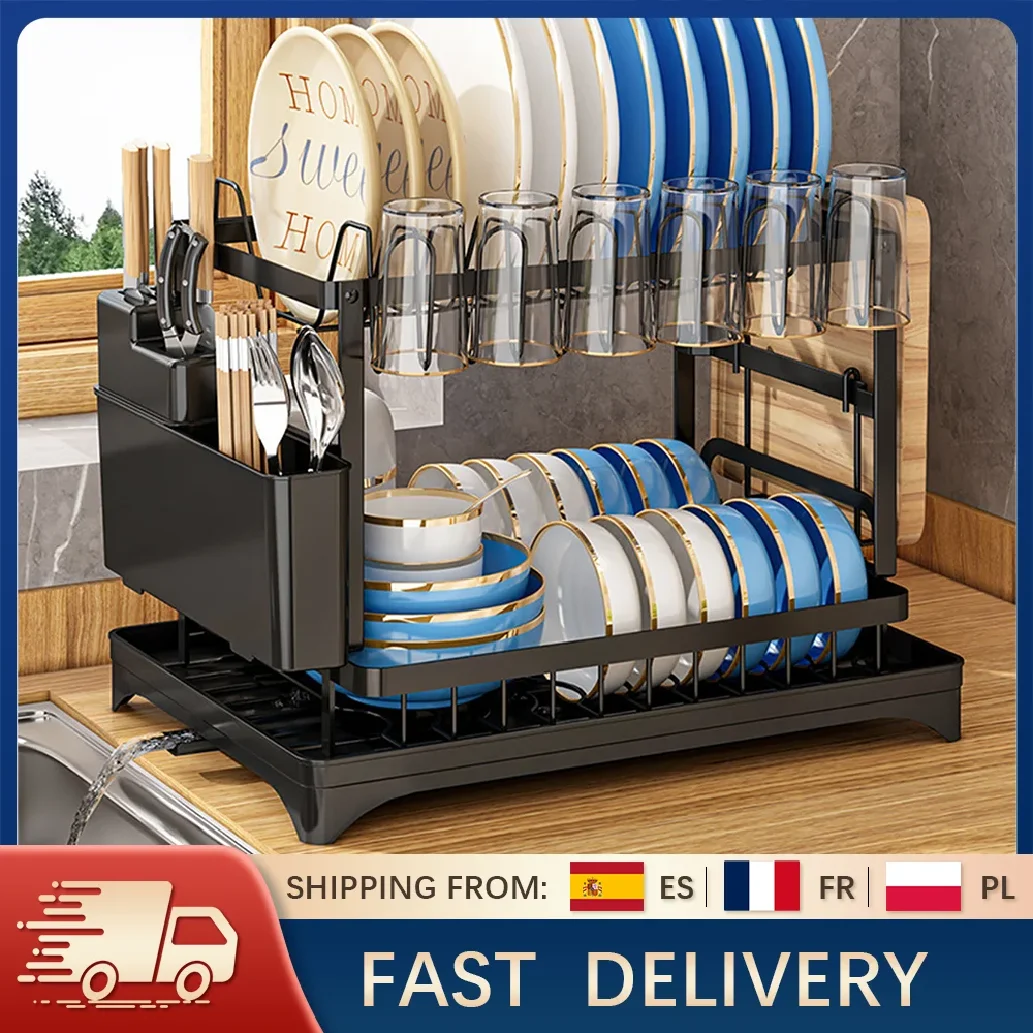

2 Layers Dish Drying Rack With Drainboard Household Dish Storage Holder Carbon Steel Sink Kitchen Organizer with Cutlery Holder