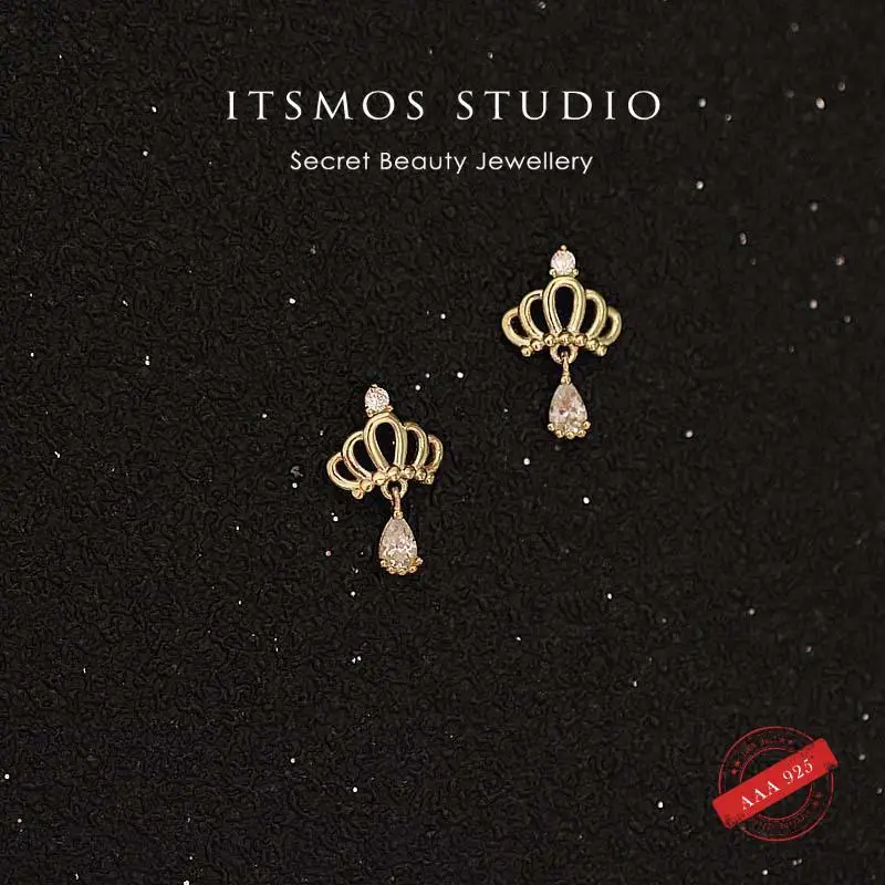 ITSMOS Princess Crown 925 Sterling Silver 14K Gold Plated Mini Cute Earrings Girls Soft Salt Sweet Earrings for Women Gift