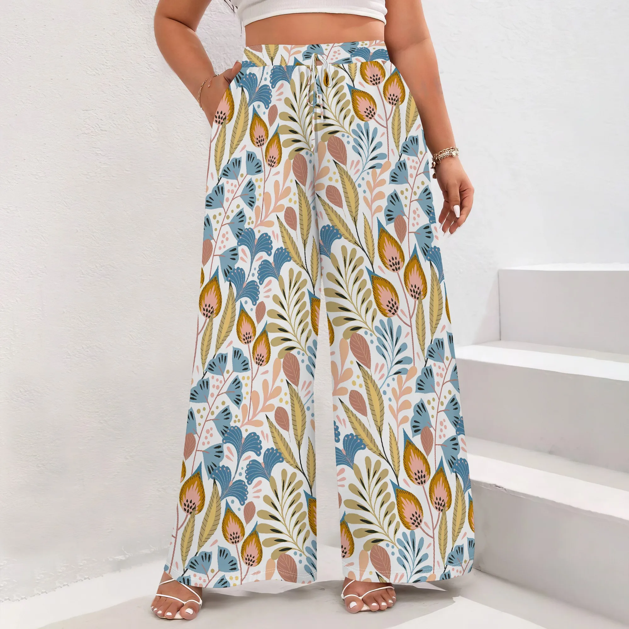 

Nupusa Floral Leaf Print Wide Leg Pants for Women Standard Size Summer Casual Drawstring Waist Trousers