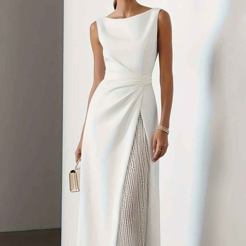 

Модное вечернее платье с пайетками, элегантное, с круглым вырезом, без рукавов, однотонное, приталенное, длинное, повседневное, с завышенной талией, для женщин