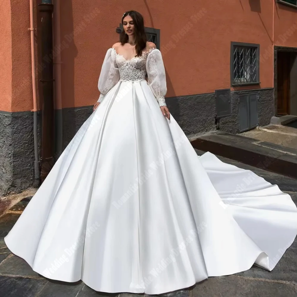 

Elegant A-Line Women Wedding Dresses Sweetheart Collar Long Sleeves Bridal Gowns Mopping Length Ball Vestido De Novia Customized