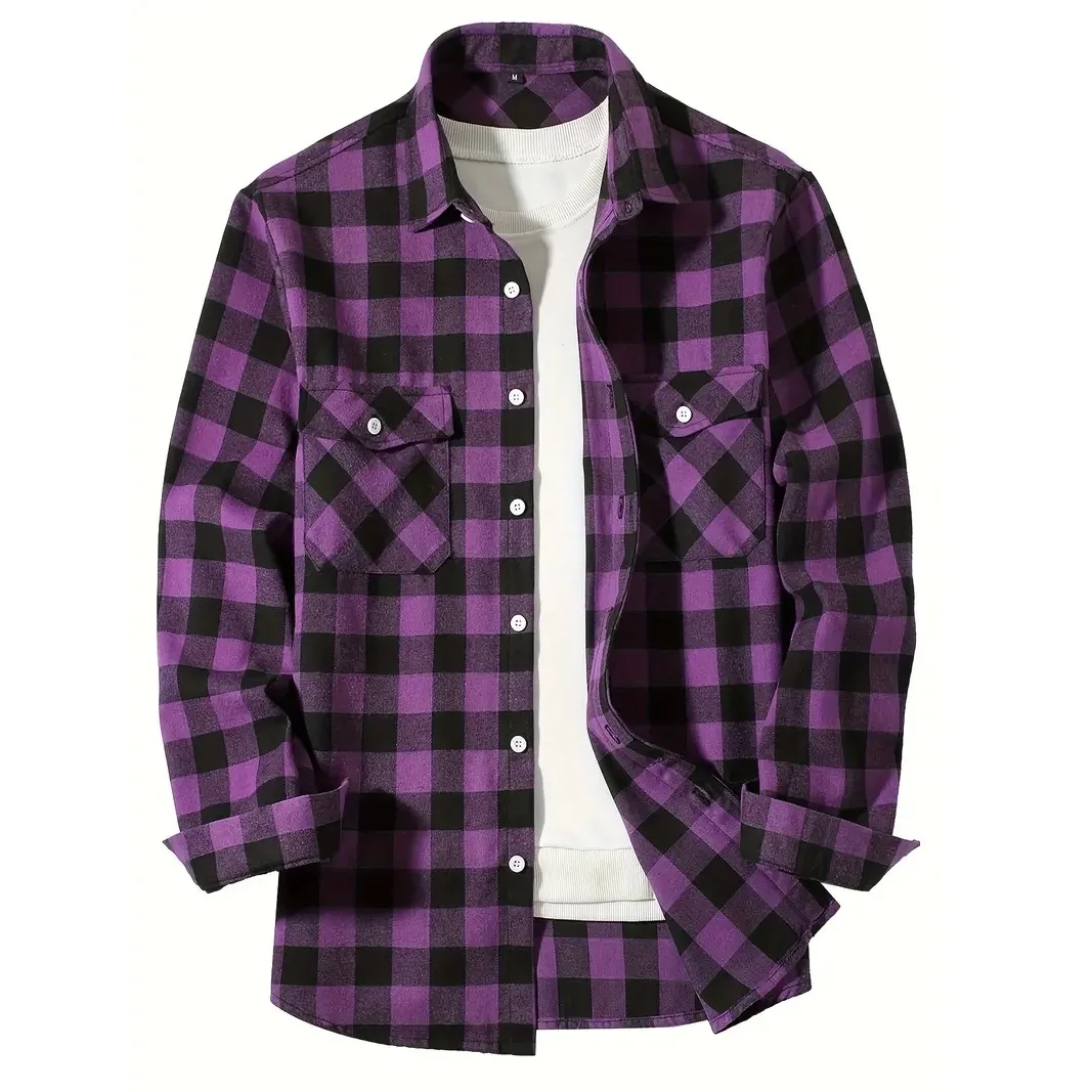 Men\'s Shirts Chest Two Pockets Button-Up Classic Plaid Smart Casual Flannel Shirt Long Sleeved Design Spring Autumn Men Tops