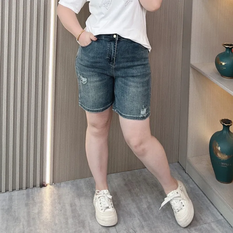 Short en jean déchiré pour femme, taille haute, pantalon large, élastique, loisirs, grande taille, chaud, été, nouveau