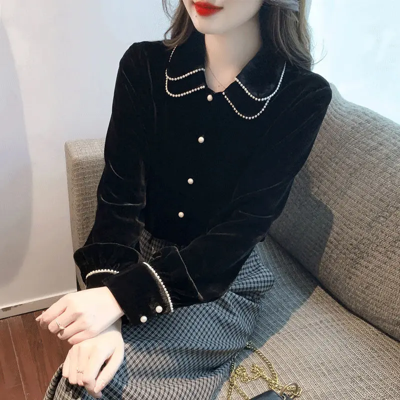 Black Gold Velvet Shirt Top for Women\'s Autumn Winter New Long Sleeve Loose Solid Youth Vintage Blouse Fashion Casual Clothing