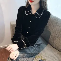 Black Gold Velvet Shirt Top for Women's Autumn Winter New Long Sleeve Loose Solid Youth Vintage Blouse Fashion Casual Clothing