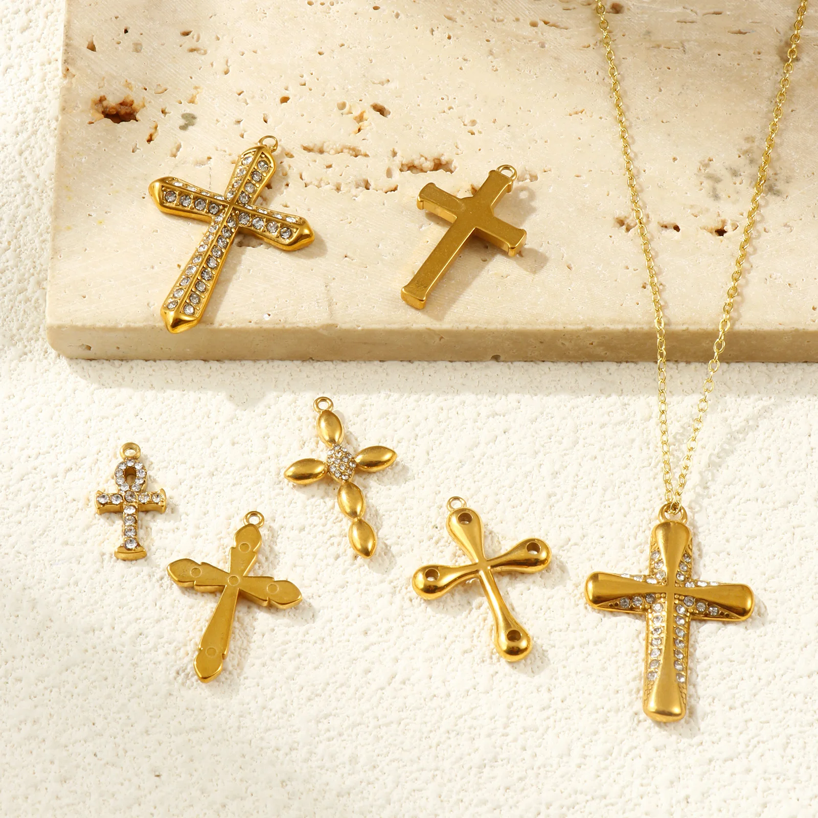 Doreen Box 1pc 304 Stainless Steel Religious Cross Charms 18k Gold Plated Cross Clear Rhinestone Necklace Pendants For Women - Image 5
