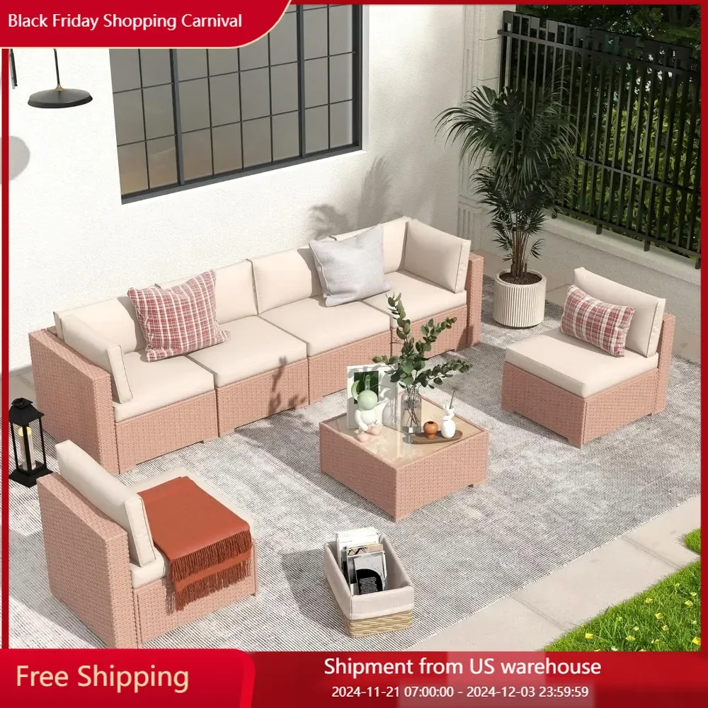 7 Pieces Outdoor Patio Furniture Set, All Weather Natural PE Wicker Rattan Sectional Conversation Set, W/Built-in Glass Table