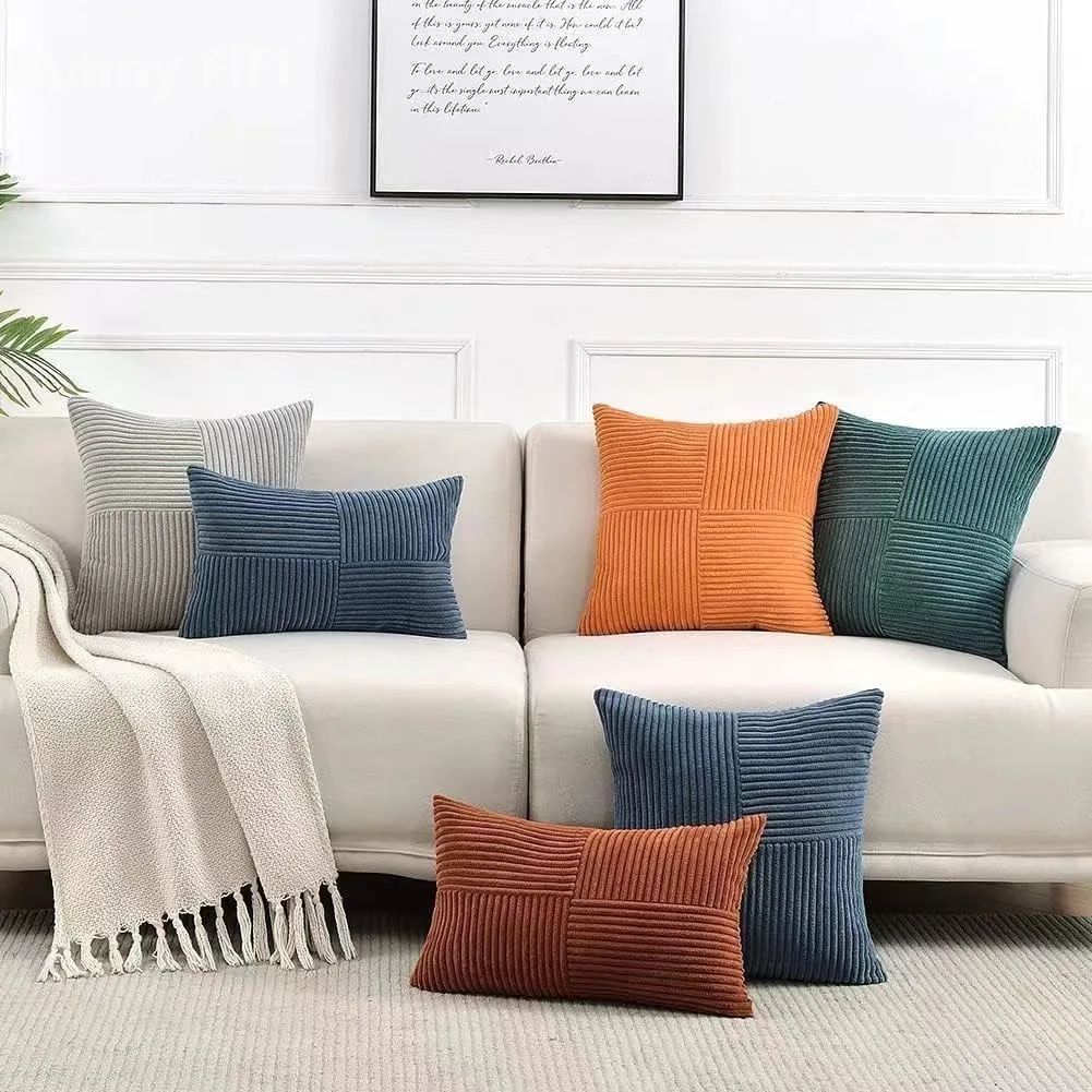 2pcs Soft Corduroy Solid Decorative Throw Pillow Cover Boho Striped Cross Patchwork Textured Cushion Cases For Sofa Bed Decor
