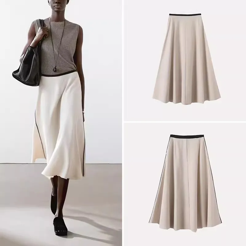 

PRINTKAOIR Summer Japanese Minimalist Beige Contrasting Midi Skirt French Elegant A-line Large Swing Skirts Womens y2k ropa