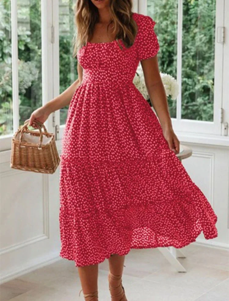 Vintage Vintage imprimé manches bouffantes été plage robes douces décontracté col carré floral maxi longue robe