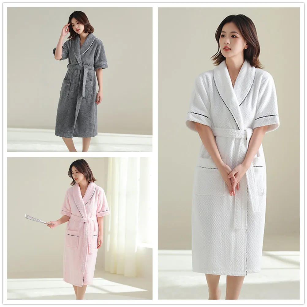 Autumn Winter Half Sleeve Flannel Long Robe Couple Thicked Warm Sleepwear Men Casual Bathrobe Women Loose Home Wear