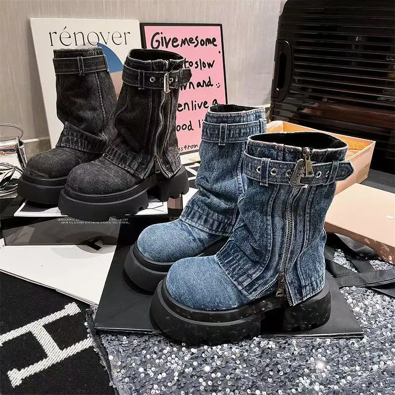 

2026 Fall/Winter Denim Women's Boots - Fashionable And Unique Design With Thick Soles And Anti-Slip Laces Women's Shoes