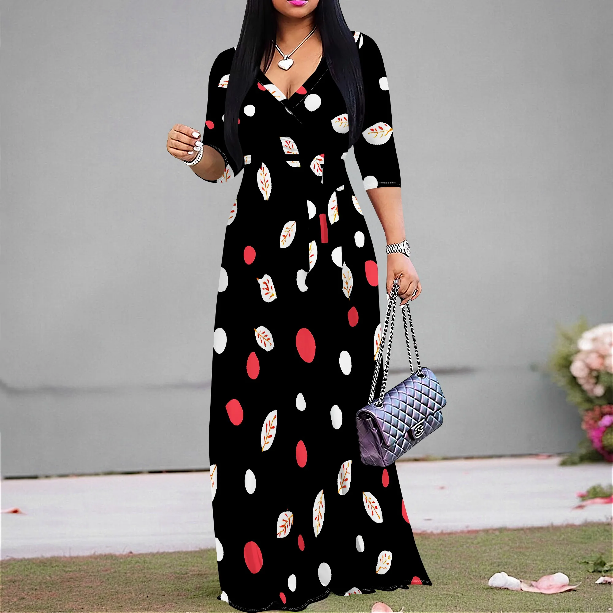 

Women's Leaf Print Maxi Dress Plus Size Summer V-Neck Waist Tie Boho Style Casual Beach Holiday Outfit 2025 New Arrival XS-3XL
