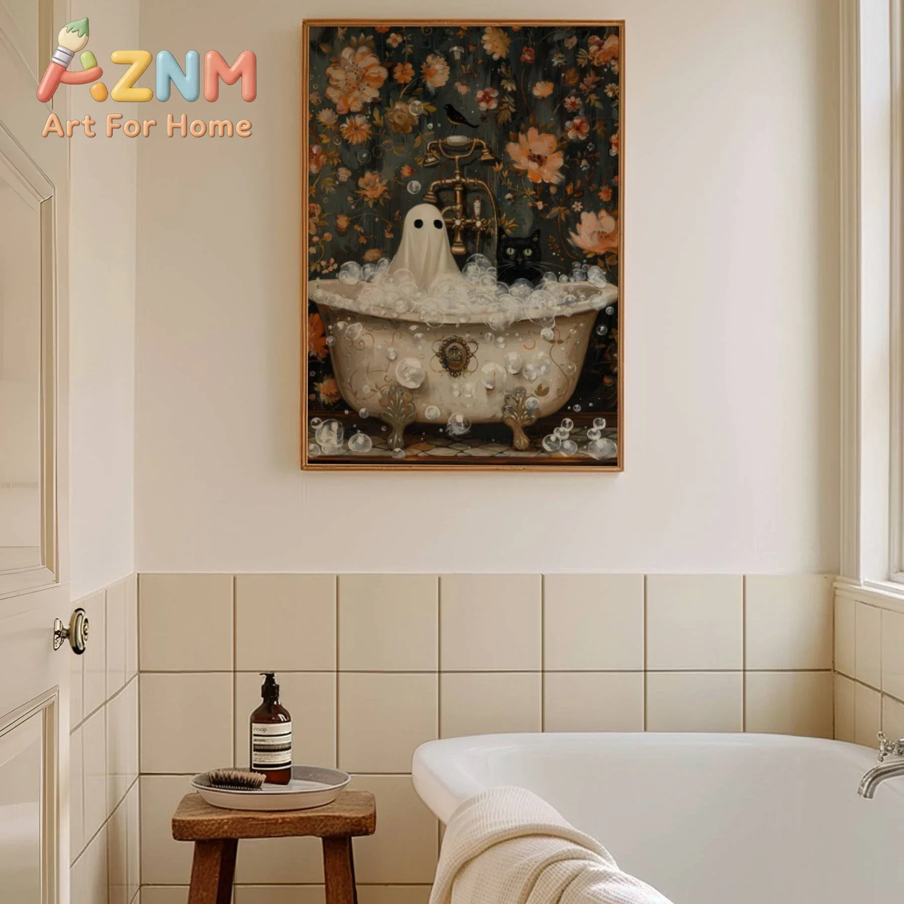Ghost & Black Cat in Bathtub Canvas Prints Colorful Wildflowers Bubble Wall Art Posters for Bathroom Toilet Decor Halloween Gift