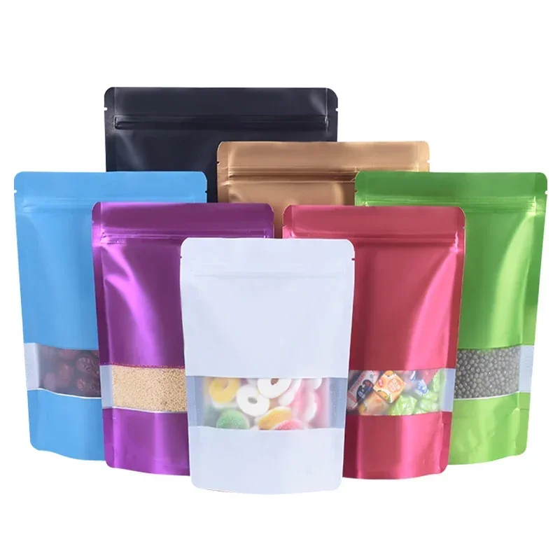 50pcs Food Grade Stand Up Custom Plastic Zipper Bags with Window Doypack Pouch for Food Candy Chocolate Organizer Dry Fruit Bag