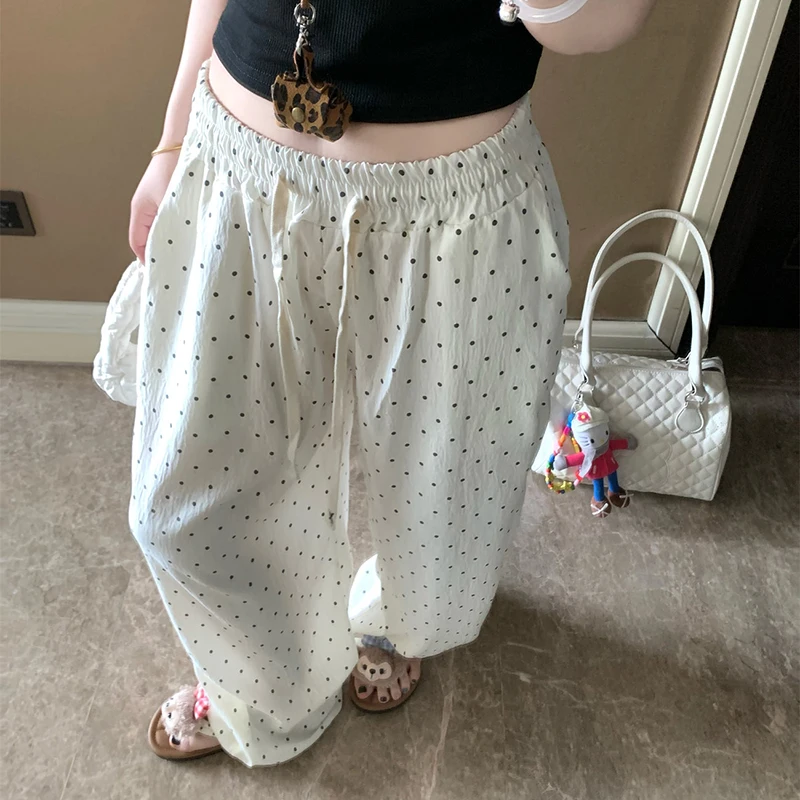 

Летняя одежда из чистого хлопка, женские свободные длинные брюки, верхняя одежда, домашняя одежда, черный горошек, со средней талией, удобная одежда для отдыха...