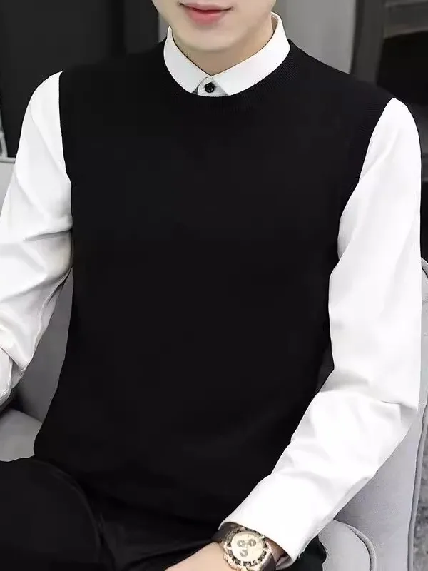 

Warm Knitted Sweater Vest Men's Base Layer irt Trendy Patchwork Top Casual Sle Polyester Fiber round Ne Long Sve