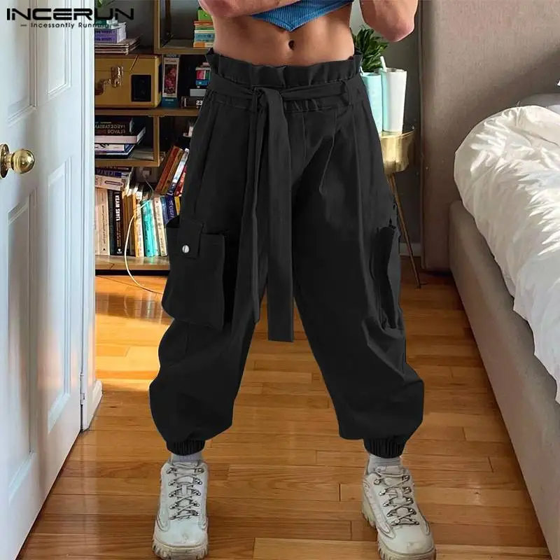 INCERUN męskie spodnie Cargo solidne biegacze spodnie z elastyczną talią męskie z paskiem Streetwear luźne 2024 moda Casual Pantalon S-5XL