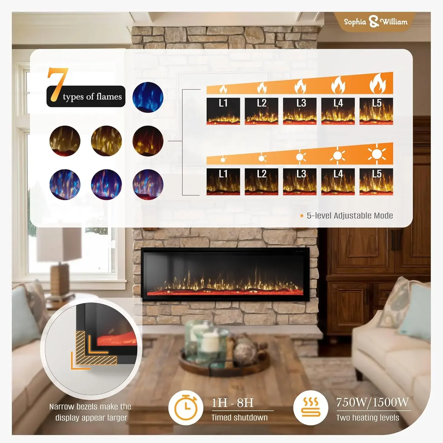 Fireplace 60 inch Wall Mounted with Remote Control, Recessed Fire Place Heater Ultra Thin Slim for Indoor Use, Modern B