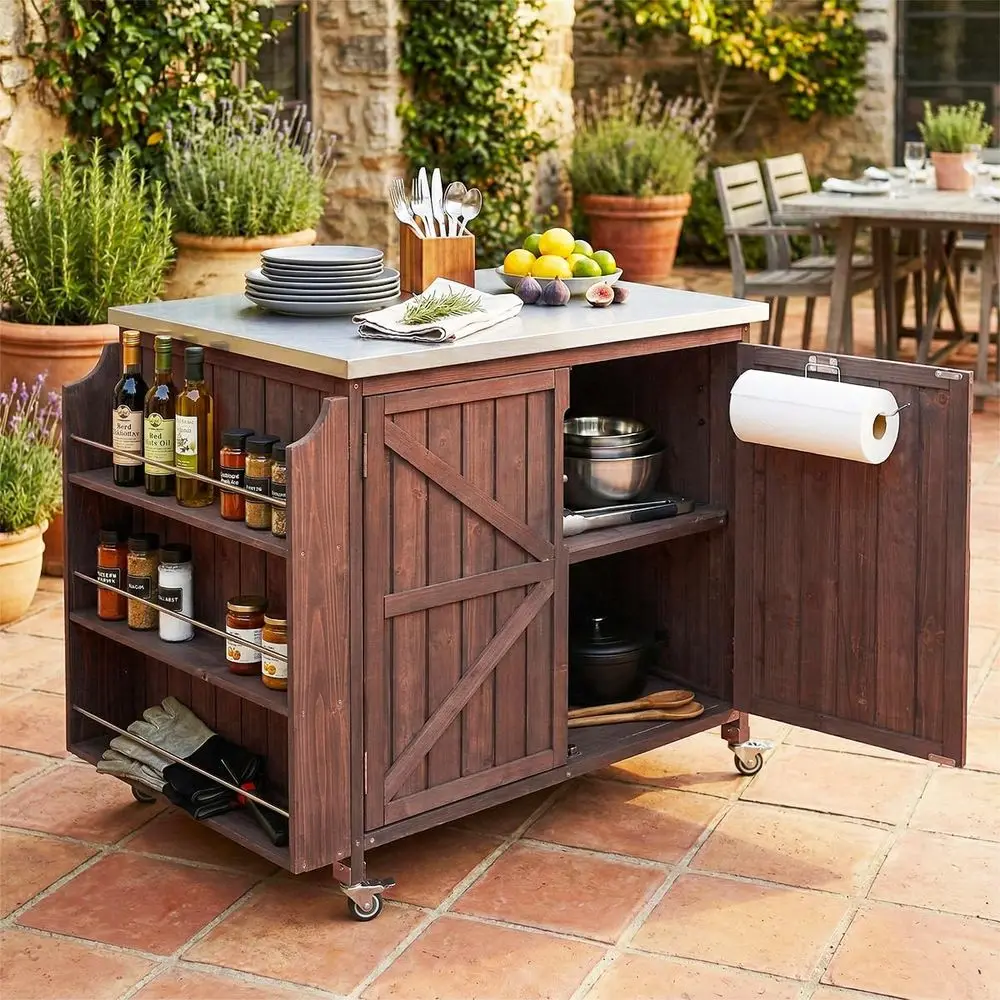

Brown Outdoor Kitchen Island with Adjustable Shelf, Wood Grill Cart, Stainless Steel Top, and Storage Cabinet for Patio and BBQ