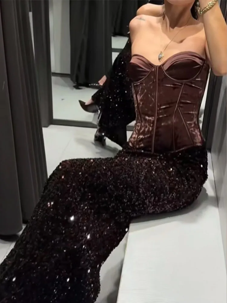 Falda larga elegante con lentejuelas para mujer, faldas largas con abertura ajustada de cintura alta y brillo liso a la moda de lujo, vestido de fiesta de Navidad para mujer 2025