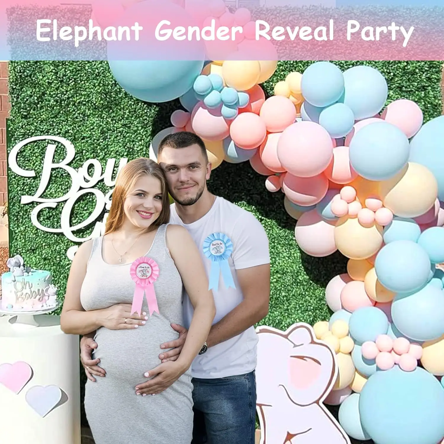 Elephant Gender Reveal Party Favors Mom to Be Tinplate Badge Pin Button Silicone Wristbands for Baby Shower Team Boy Team Girl