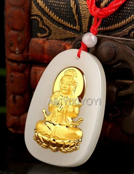 Natural White Hetian Jade + 18K Solid Gold Inlaid Chinese GuanYin Buddha Amulet Lucky Pendant Free Necklace Charm Fine Jewelry