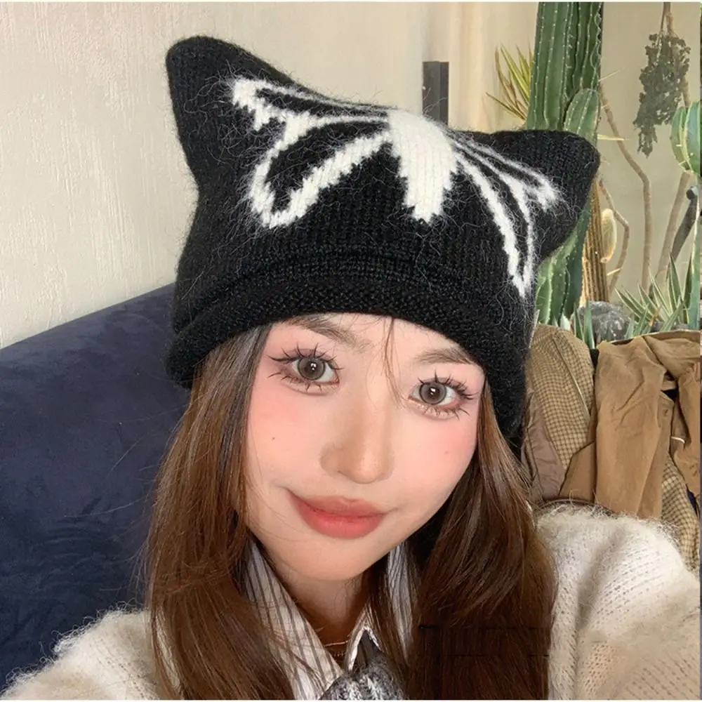 

Soft Y2K Cute Cat Ears Beanie Hats Warm Curly Butterfly Knitted Hat Harajuku Pullover Hat Jacquard Cap Outdoor