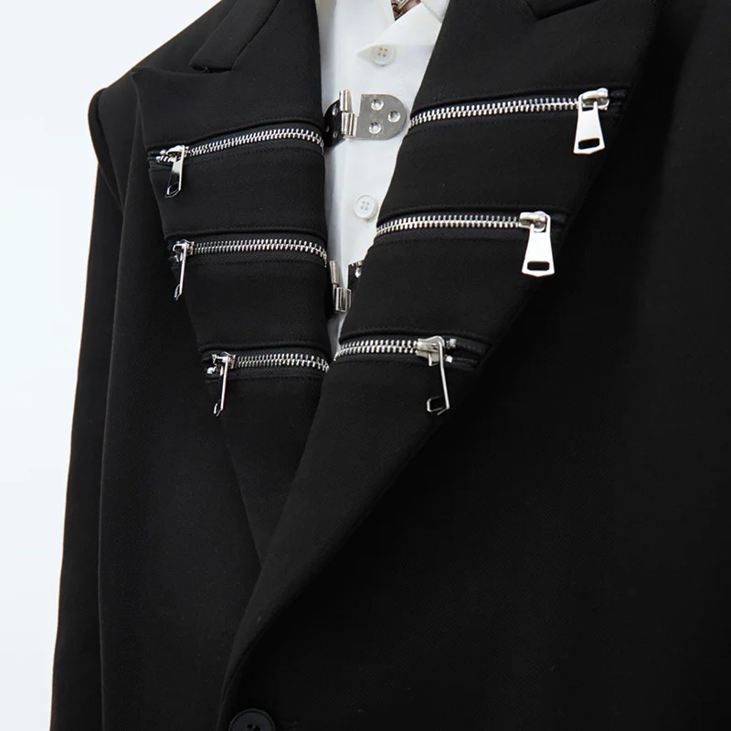 FEWQ Niche Shoulder Pad Woolen Short Suit Jacket Metal Zipper Splicing Loose 2024 Metal Decoration Male Blazer Fashion 24E2733