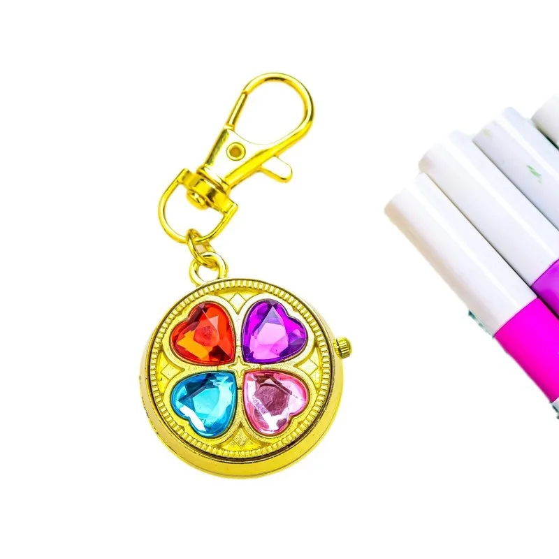 Милые вращающиеся часы Lucky Four-Leaf Clover для девочек с цепочкой, детские кварцевые карманные часы для учащихся начальной школы, школьный брелок