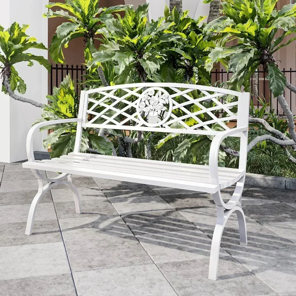 

Outdoor Garden Bench, Cast Iron Metal Loveseat Chairs for Park, Antique Rose Accent Style Seat Furniture, White Patio Benches