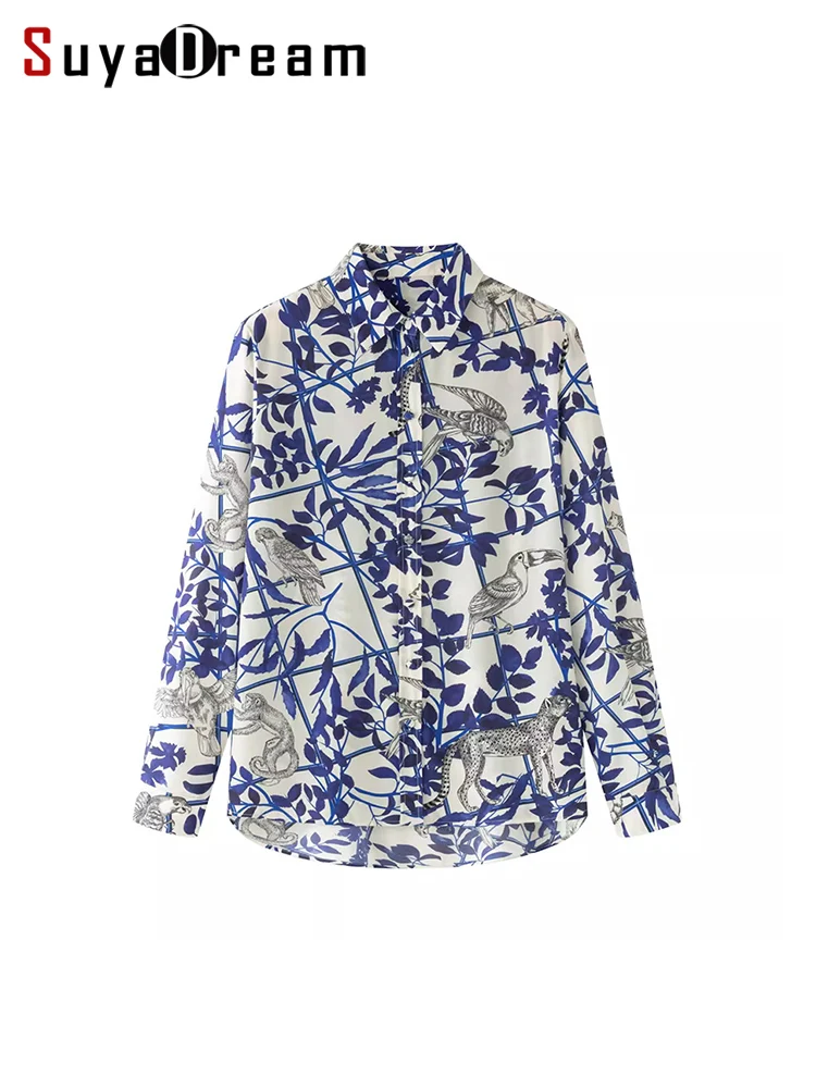 SuyaDream, Woman Blue Floral Shirts, 100%Silk Crepe de chine, Turn Down Collar, Printed Blouses, 2024 Spring Summer Top