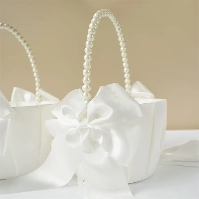 Handle Flower Basket White Western Rustic Bowknot Wedding Basket For Floral Petals