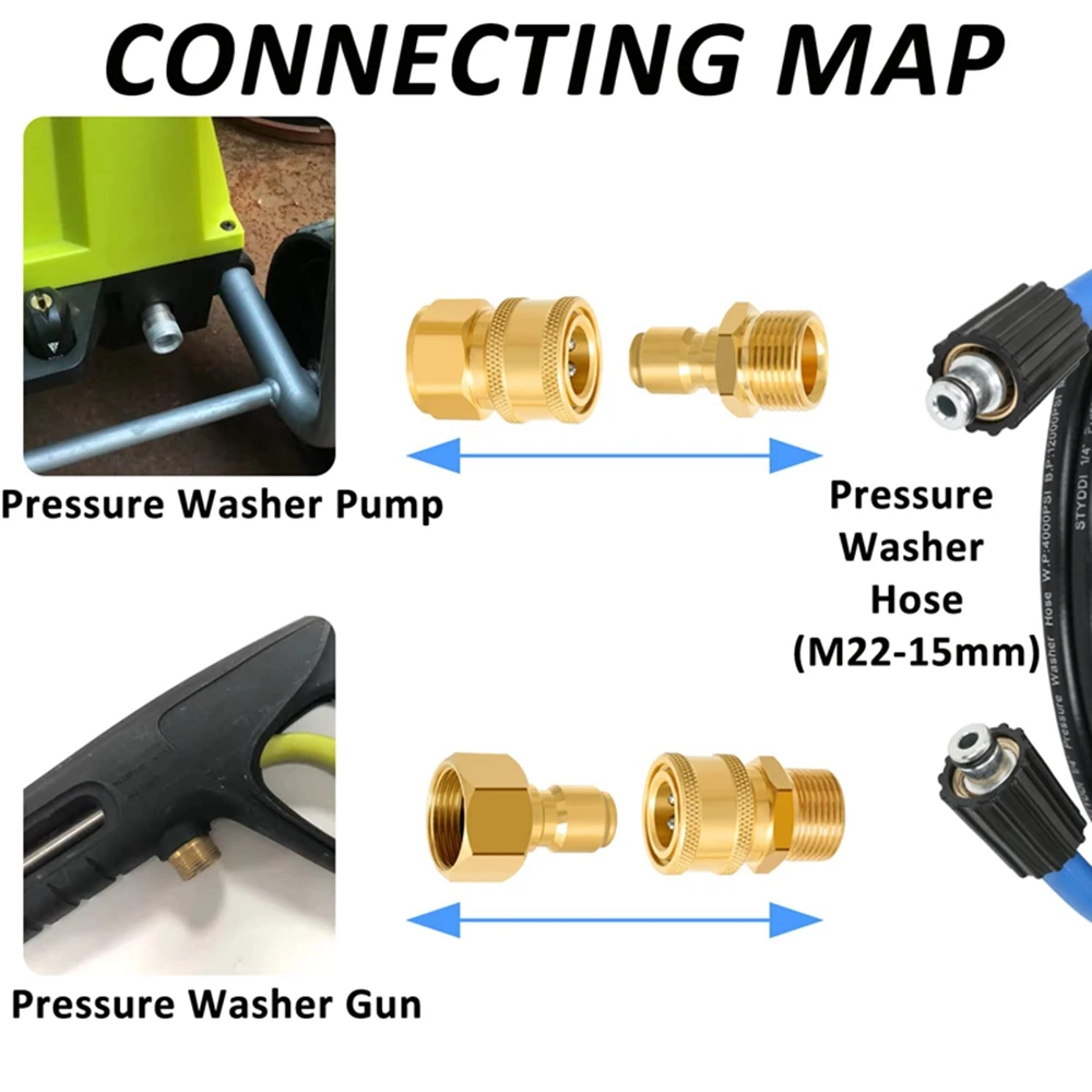 Ensemble d'adaptateurs à déconnexion rapide pour nettoyeur haute pression M22-15mm à 3/8 coupleurs à dégagement rapide pour fixer le tuyau aux pompes à eau 5000 PSI