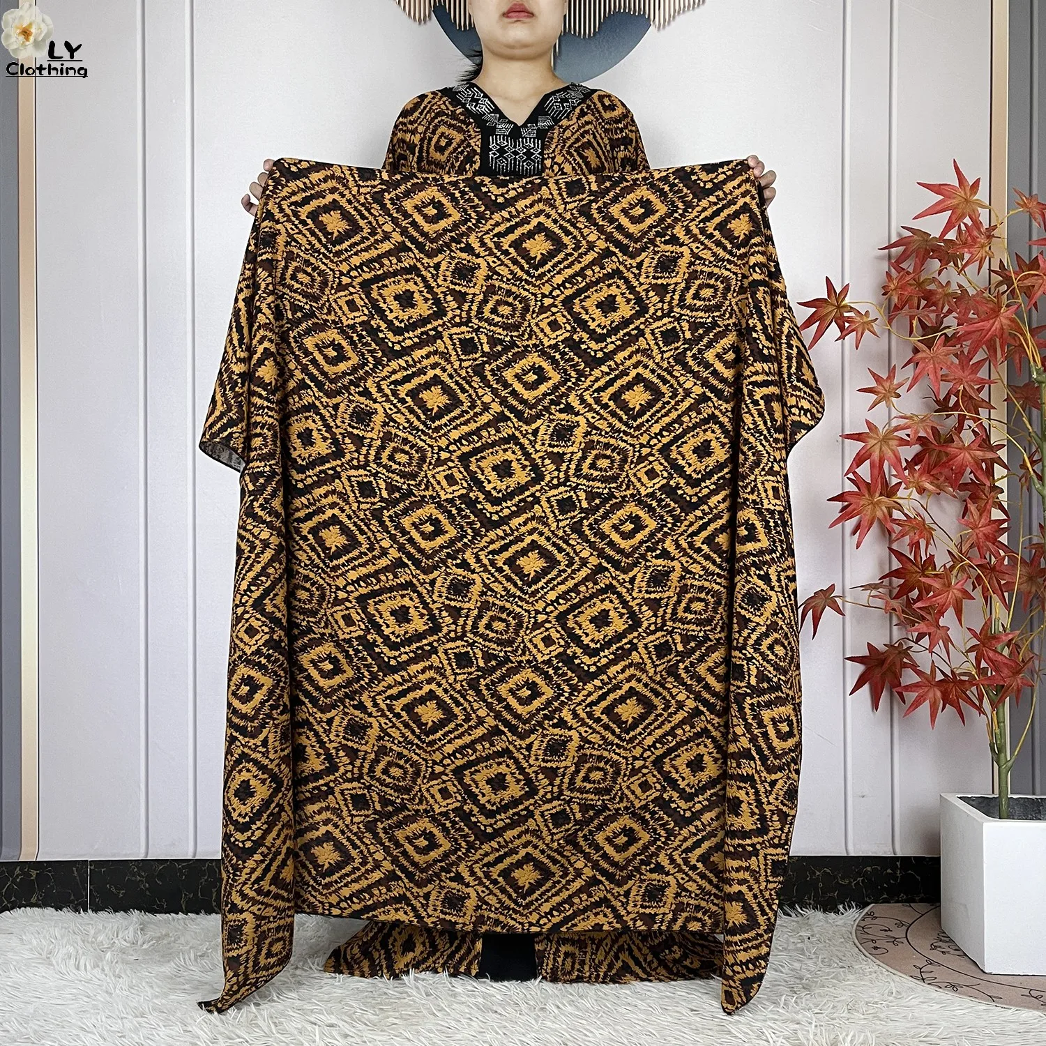 New Style Fashion Dubai Women Dress African Abaya Cotton Printed Loose Boubou Maxi Islam Women Short Sleeve Dress With Big Scarf 2